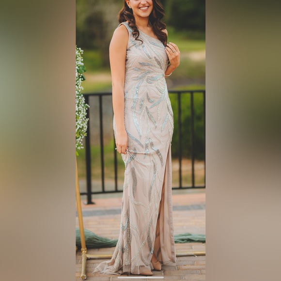 Aidan Mattox One Shoulder Beaded Slit Gown in Nude - Picture 2 of 6